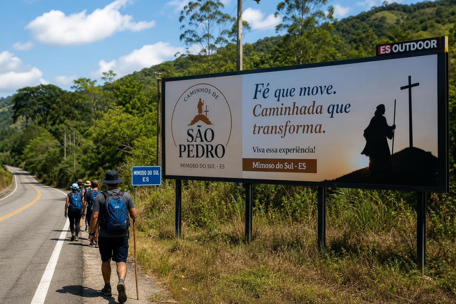 CAMINHADA CAMINHOS DE SÃO PEDRO EM MIMOSO DO SUL: OUTDOORS E OOH RELIGIOSO PELO ES OUTDOOR