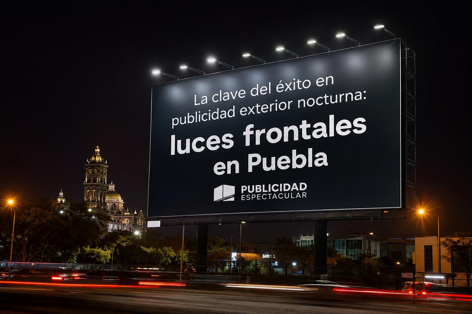 La clave del éxito en publicidad exterior nocturna: luces frontales en Puebla con PUBLICIDAD ESPECTACULAR
